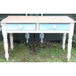 Victorian pine kitchen table, stripped top with two drawers on turned supports W123cm D63cm H77cm