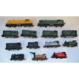 Collection of OO gauge electric train models from Tri-Ang and Hornby. Includes diesel shunters, tank