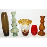 Late C20th glass vases incl. a basket-effect art glass vase with waved edge, H33cm (5)