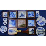 Collection of Delft blue and white framed tiles picturing various scenes, 2 Delft blue and white