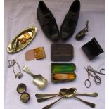 Collection of objects of interest incl. childs leather clogs and rattle, tea caddy, scissors,