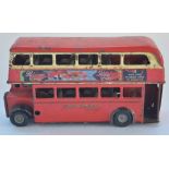 Vintage Tri-Ang Minic tinplate clockwork double decker red bus, London Transport, no key, L18.5cm.