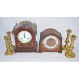 2 vintage mantle clocks, 5 brass candlesticks, a vintage iron, clock winding keys, napkin holders, a