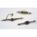 9ct gold hallmarked amethyst set bar brooch, a similar bar brooch stamped 9ct, and an unmarked bar
