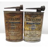 Two Excelene Lubricating Oil oval cans, one from 'Pimperton's Stores Skegness, and the other from '