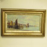 J. Bale (British C19th); Fishing Boats in Harbour, oil on canvas, signed, 29cm x 59cm