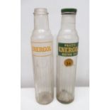 Two Price's Energol glass oil bottles, one with a BP Energol bottle cap