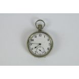 Swiss early C20th nickel open faced keyless pocket watch, with white enamel dial, unsigned Swiss