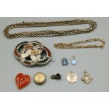 C20th Scottish hardstone brooch with pendant hanger, white metal muff chain and other jewellery (
