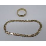 9ct yellow gold curb link bracelet, stamped 375, L19.5cm, and a 9ct gold wedding ring stamped 9ct,