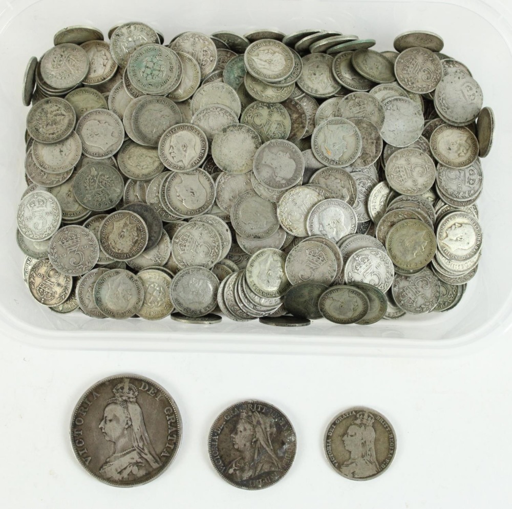 Tub of pre-decimal silver threepence, mixture of pre 1920 and post 1920 together with an 1889 half