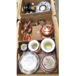 Mixed collection of plates, brass ware, vases, etc.. inc. a black Bakelite telephone (3 boxes)