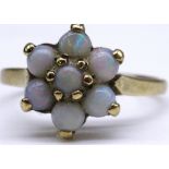 9ct yellow gold cluster ring set with opals, stamped 375, size N, 2.2g