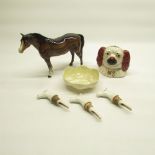 Beswick horse H19cm, three Staffordshire wine pourers in the form of horses heads, Belleek bowl,