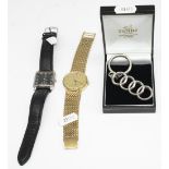 Accurist silver cased quartz wristwatch, square case black dial on leather strap, Avia hand wound