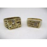 9ct yellow gold square faced signet ring set with a diamond, stamped 9ct, size S, another similar