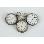 Three late C19th silver open faced cased key wound and set ladies fob watches