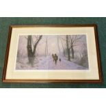 Large John Trickett ltd. ed. print depicting shooters and dogs walking through wintery woodlands