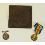 WWI pair awarded to 131134 Dvr. H. Dennis R.E, WWI memorial plaque (death penny) with postage card
