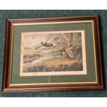 Archibald Thorburn print depicting flying partridges, framed, H35cm W42cm