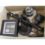 Telescopic sight, badges, brass casings, other items etc