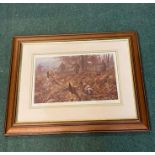 Nick Cawston ltd. ed. print depicting beaters and dogs flushing pheasants, 50/850, signed by artist