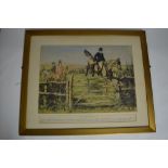 Large framed print depicting A Squires 2nd Horseman jumping that last gate at the end of a hunt,