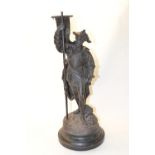 large cast metal figure of Spanish Conquistador Hernando Cortez on turned wood base (tip of flag