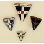 Three German Third Reich Frauenschaft enamel badges together with Deutches Frauenwerk enamel badge