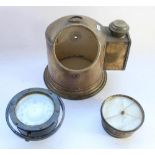 WWII black metal ships gimbal compass, a brass case for a gimbal compass and a brass ships barometer