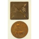 WWI memorial plaque (death penny) to John Henry Bird, with postage card case and slip