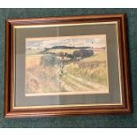 Lionel Edwards print depicting man partridge shooting with hare in foreground, signed by artist