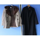 Black ladies evening coat with single button, black cotton liner, and heavy duty ladies winter