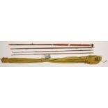 Hardy's "The Alnwick" Greenheart 3-piece wood and cedar handled salmon rod with spare tip, brass