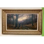 John Trickett oil on canvas depicting woodland shoot at dusk, signed by artist, framed, H60cm W95cm