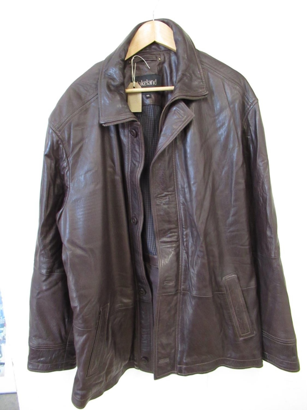 Lakeland size 48 brown leather jacket, button and zip front slip pockets