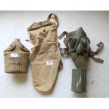 US Military training gas mask, in original canvas case and tie string, US water canteen with cup and