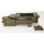 Vintage metal plate "Buddy L" army truck, a wooden "Commando" invasion barge (damaged ramp hinge)
