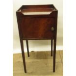 C19th mahogany bedside cupboard with raised gallery and single door on square tapering legs H79cm,