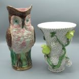 C19th Majolica jug in the form of an owl, with rustic handle no. 41, H28cm, late C19th Meissen