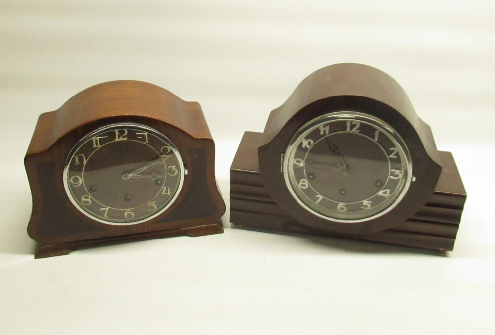 Art deco period walnut cased Westminster chiming mantle clock, inlaid case, chrome plated bezel