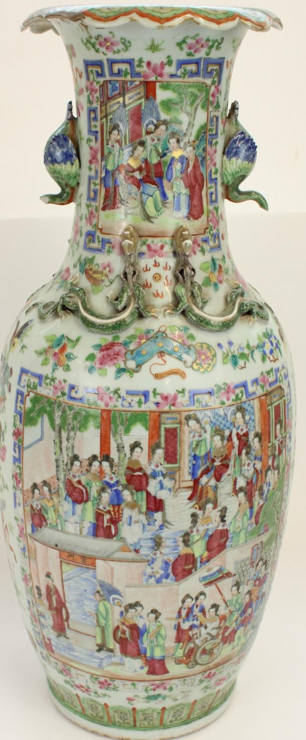 Pair of large C19th Chinese Canton Famille Rose porcelain vases, profusely decorated in polychrome - Image 4 of 6