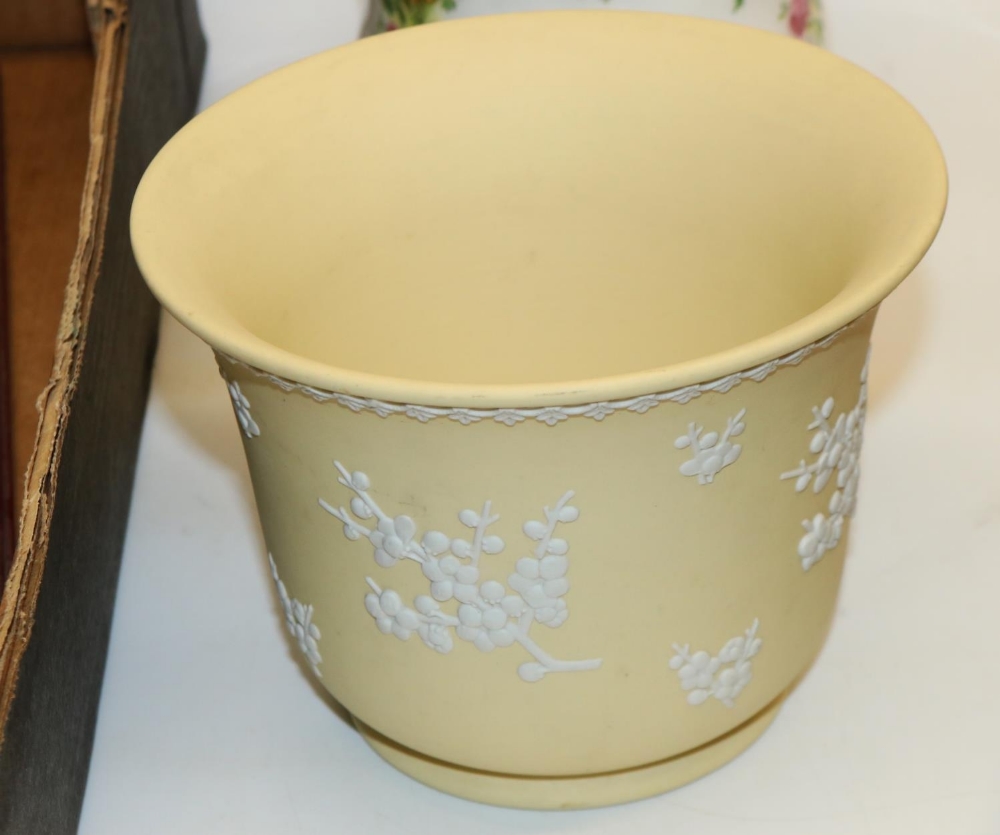 Wedgwood primrose yellow jasperware jardiniere with prunus sprig decoration, H11cm, Royal Albert Old - Image 2 of 3