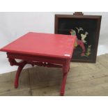 Painted Regency style occasional table with X shaped under stretcher, with carved goose heads and