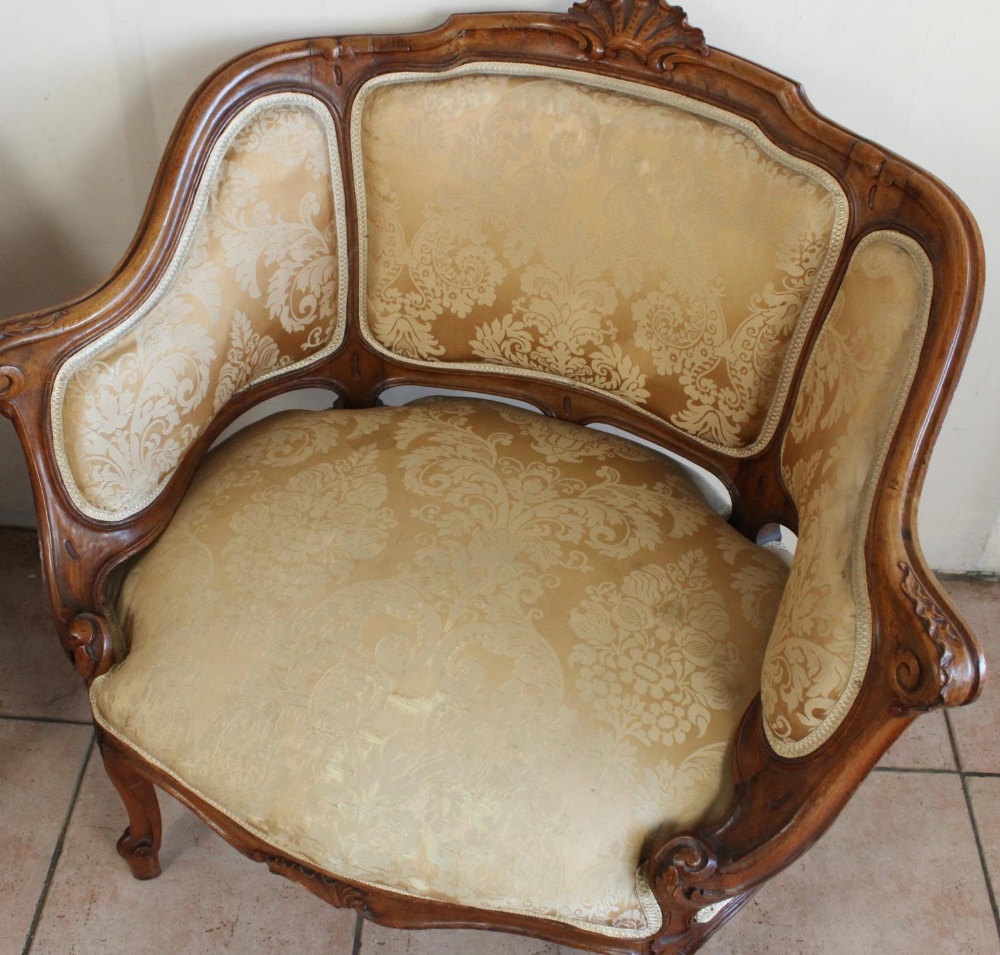 Late C19th Louis XV style walnut salon suite comprising two seater canape with scrolled frame and - Image 7 of 8