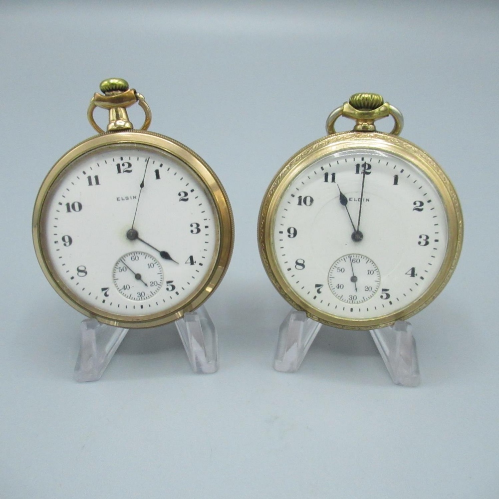 Elgin early C20th rolled gold open faced keyless wound and set pocket watch, signed enamel Arabic - Image 2 of 3