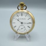 Elgin rolled gold open faced keyless wound and set pocket watch, with signed white enamel Roman