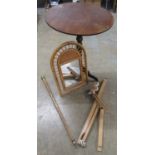 Mahogany tripod tea table, bamboo framed mirror, Thai snooker cue in the form of a walking stick and