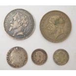 Collection of silver coins to include Napoleon III 1867 5 Franc, George V 1935 Rocking Horse