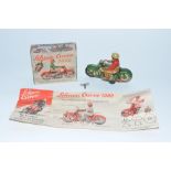 Schuco Curvo 1000 early 1950s tinplate clockwork motorcycle with original box and instruction sheet,